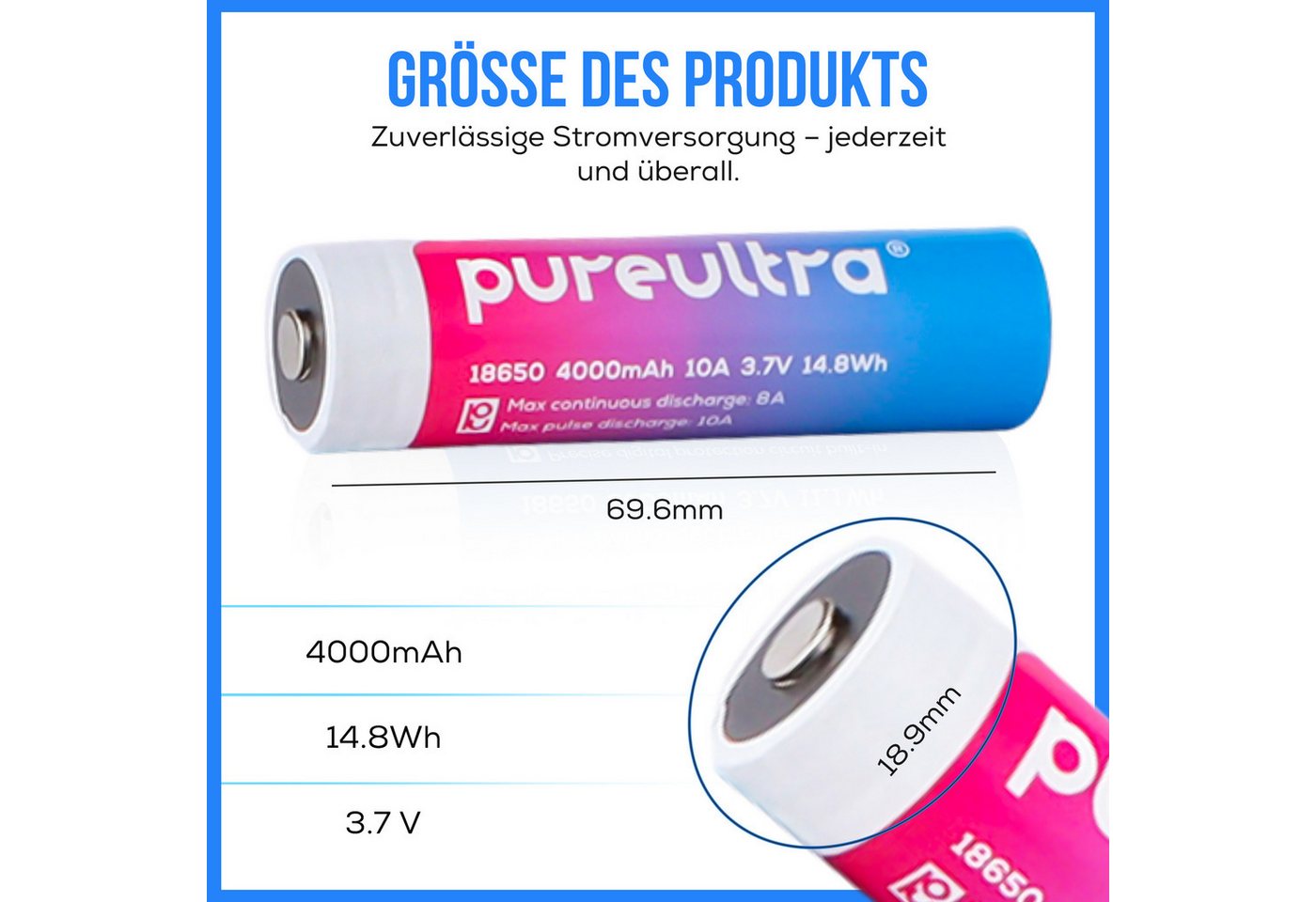 PureUltra 18650 Akku High Drain Hochleistungsakku 4000 mAh (3,7 V), geschützt, 10 A für Hochleistungs-Taschenlampen Bild 2