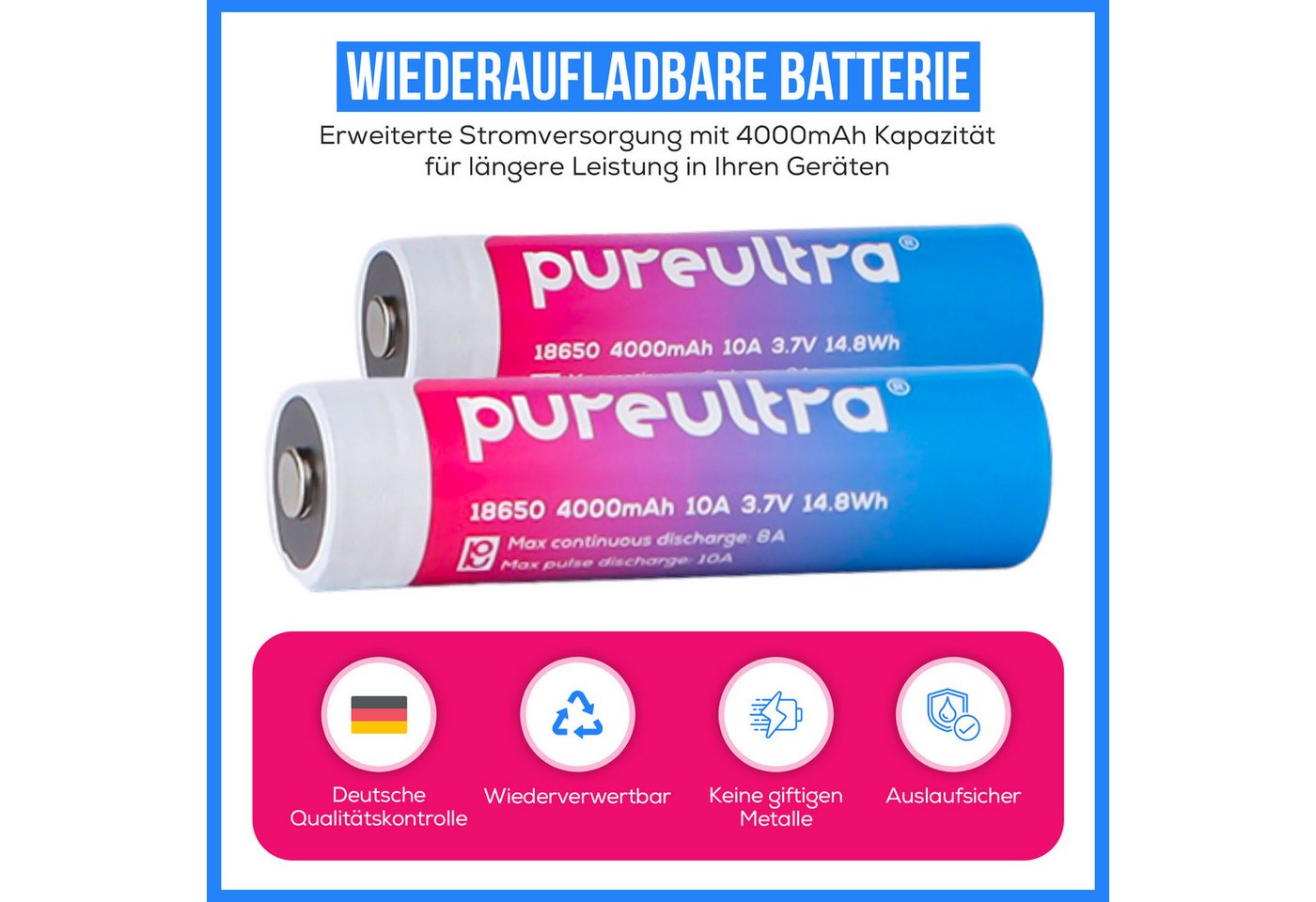 PureUltra 18650 Akku High Drain Hochleistungsakku 4000 mAh (3,7 V), geschützt, 10 A für Hochleistungs-Taschenlampen Bild 5
