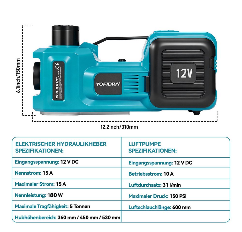 Yofidra Wagenheber 3-in-1 Elektrischer Wagenheber 5T mit Schlagschrauber & Luftpumpe, max. Hubhöhe: 53 cm, 1-tlg., Notfall-Set mit Koffer, LED-Licht für PKW, SUV und LKW Bild 4