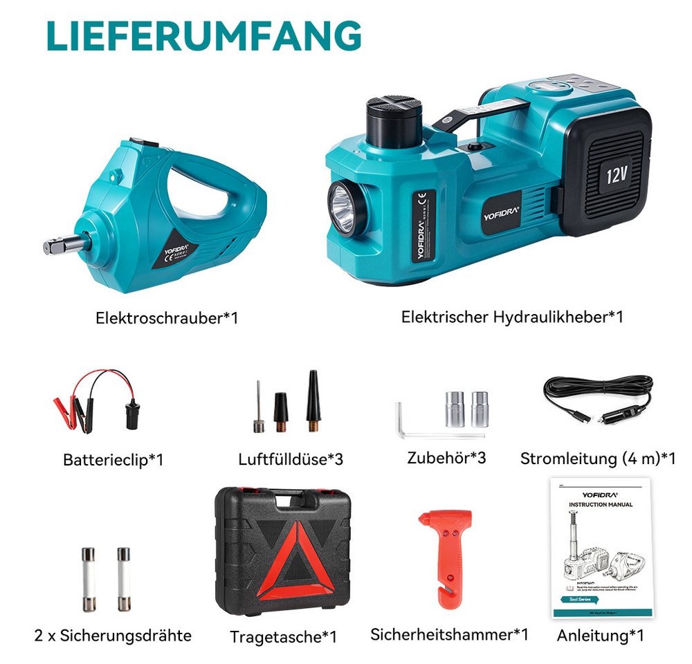 Yofidra Wagenheber 3-in-1 Elektrischer Wagenheber 5T mit Schlagschrauber & Luftpumpe, max. Hubhöhe: 53 cm, 1-tlg., Notfall-Set mit Koffer, LED-Licht für PKW, SUV und LKW Bild 5