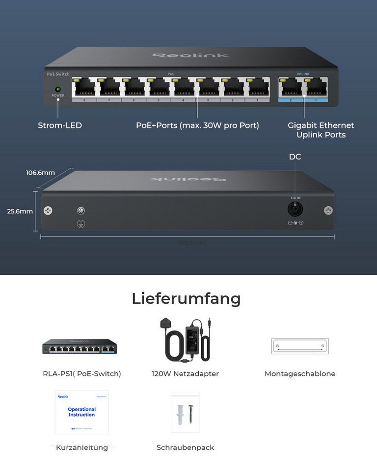 Reolink Überwachungskamera Zubehör RLA-PS1, 10-Port PoE-Switch mit 120W PoE-Leistungsbudget