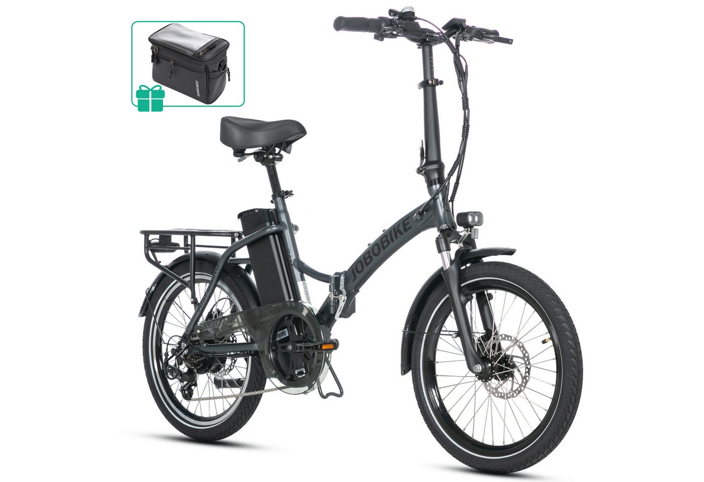JOBOBIKE E-Bike Klapprad 20" für Damen & Herren, Sam, 468Wh, Cityrad, Pedelec, 60-110km, 7 Gang Shimano, Kettenschaltung, Heckmotor, 468 Wh, (mit Sattelrohr-Akku, mit Tiefeinsteiger-Rahmen, 5 Stufen), 250W, 25km/h, Faltbares Citybike - kompakt, stark & alltagstauglich