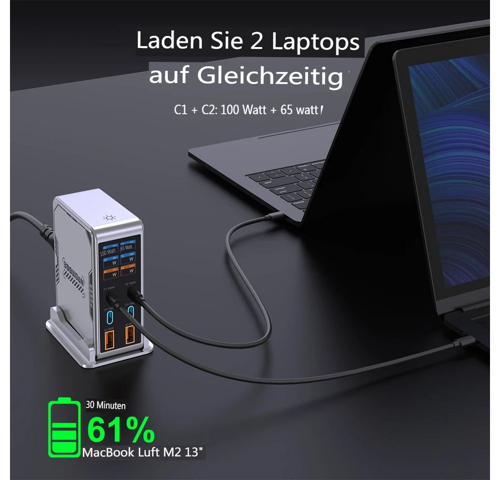 AUDEW 300W GaN 6-Port Schnellladegerät mit TFT-Digitaldisplay USB-Ladegerät (4× USB-C PD3.0, 2× USB-A Mehrfach Ladestation, Desktop-Ladestation für Smartphone, Laptop, Tablets)
