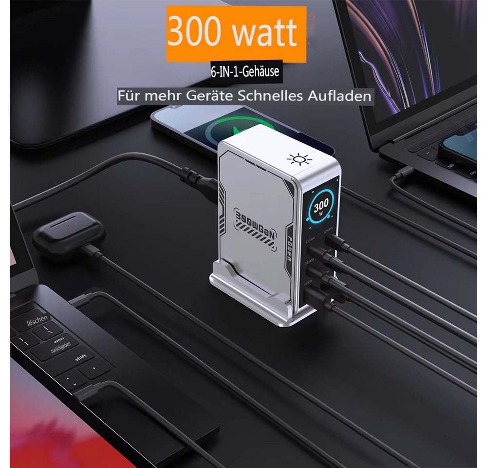 AUDEW 300W GaN 6-Port Schnellladegerät mit TFT-Digitaldisplay USB-Ladegerät (4× USB-C PD3.0, 2× USB-A Mehrfach Ladestation, Desktop-Ladestation für Smartphone, Laptop, Tablets) Bild 2