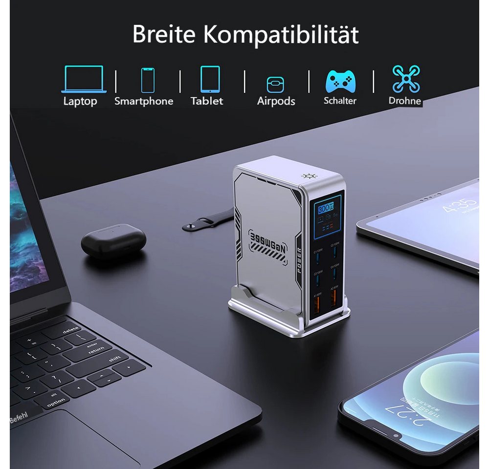 AUDEW 300W GaN 6-Port Schnellladegerät mit TFT-Digitaldisplay USB-Ladegerät (4× USB-C PD3.0, 2× USB-A Mehrfach Ladestation, Desktop-Ladestation für Smartphone, Laptop, Tablets) Bild 5