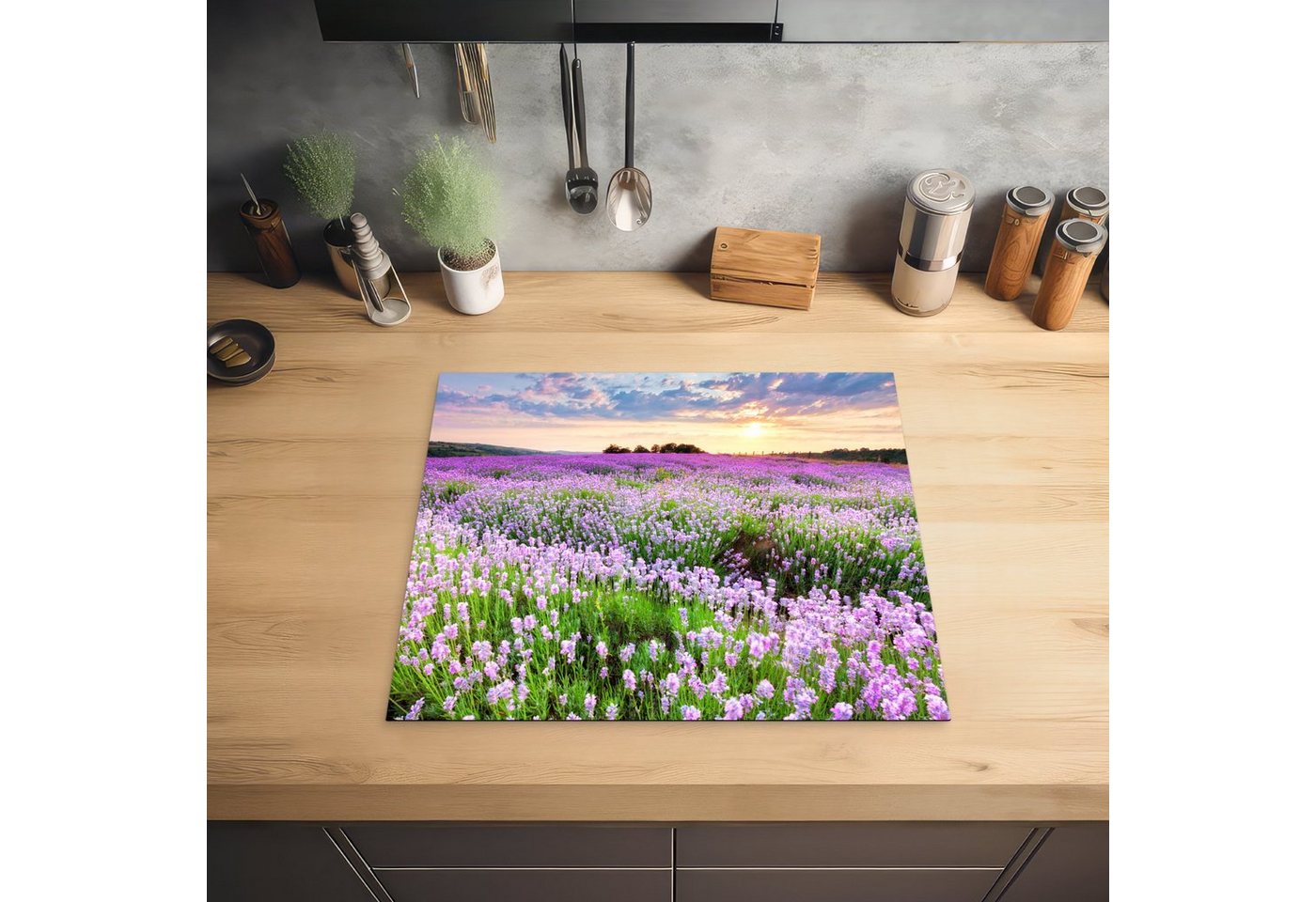 MuchoWow Herd-Abdeckplatte Lavendel - Blumen - Sonnenuntergang - Lila - Wiese, Vinyl, (1 tlg), Cerankochfeld Abdeckung, Herd Abdeckplatten Vinyl, 58.3x51.3 cm Bild 3