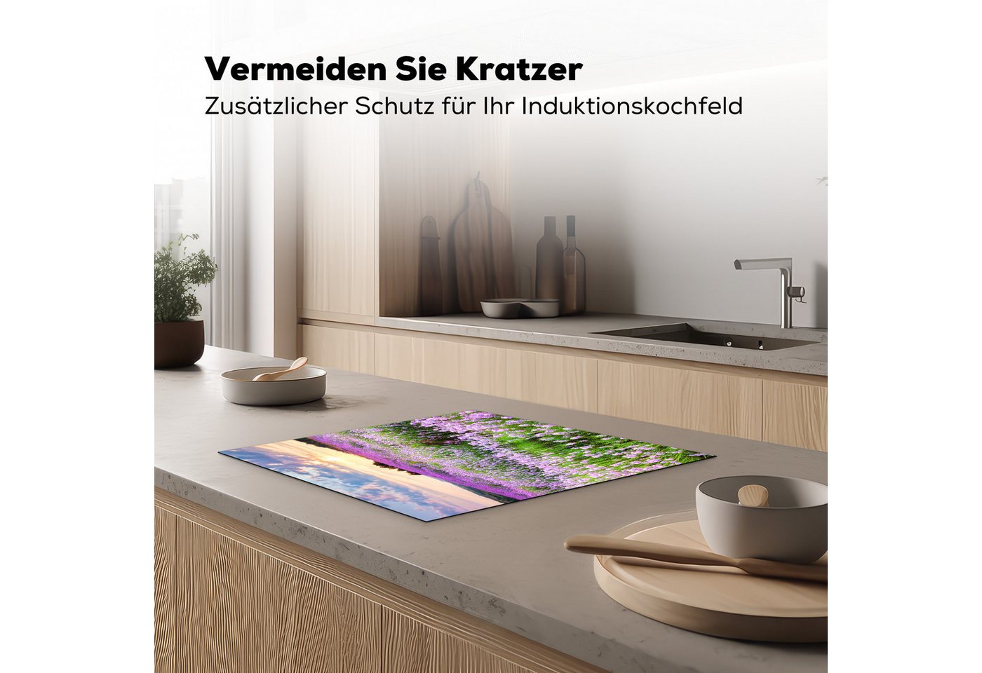 MuchoWow Herd-Abdeckplatte Lavendel - Blumen - Sonnenuntergang - Lila - Wiese, Vinyl, (1 tlg), Cerankochfeld Abdeckung, Herd Abdeckplatten Vinyl, 58.3x51.3 cm Bild 4
