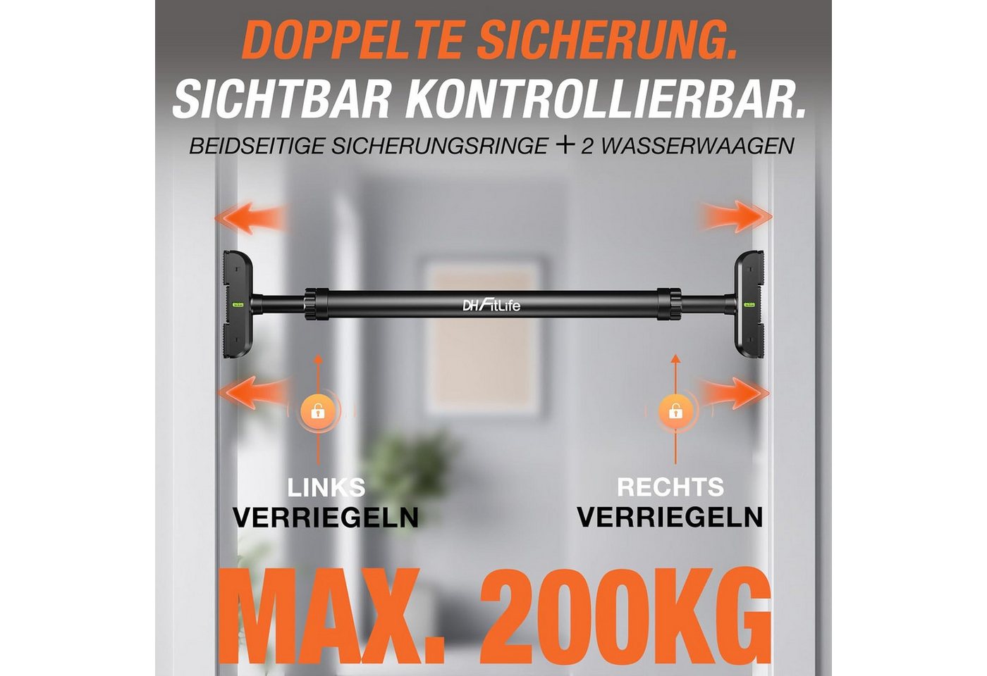DH FitLife Klimmzugstange Türrahmen ohne Schrauben (Pull up bar Doorway zum Eindrehen, 1-tlg., Türreck für Krafttraining, Reckstange für Tür 72-92cm), Mit Wasserwaage