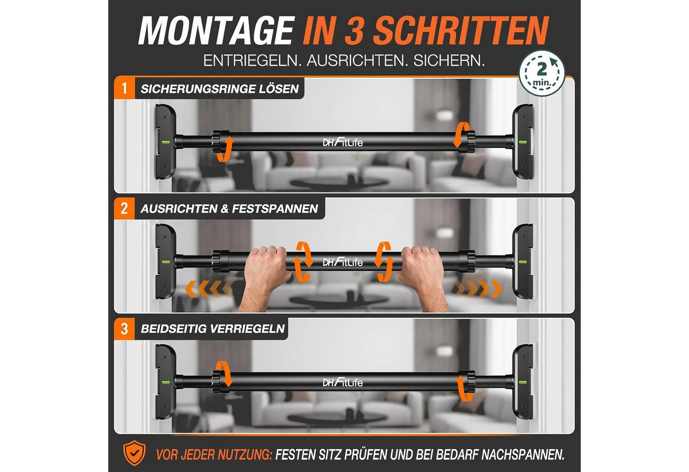 DH FitLife Klimmzugstange Türrahmen ohne Schrauben (Pull up bar Doorway zum Eindrehen, 1-tlg., Türreck für Krafttraining, Reckstange für Tür 72-92cm), Mit Wasserwaage Bild 3