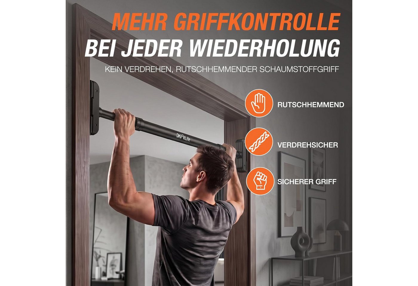 DH FitLife Klimmzugstange Türrahmen ohne Schrauben (Pull up bar Doorway zum Eindrehen, 1-tlg., Türreck für Krafttraining, Reckstange für Tür 72-92cm), Mit Wasserwaage Bild 4