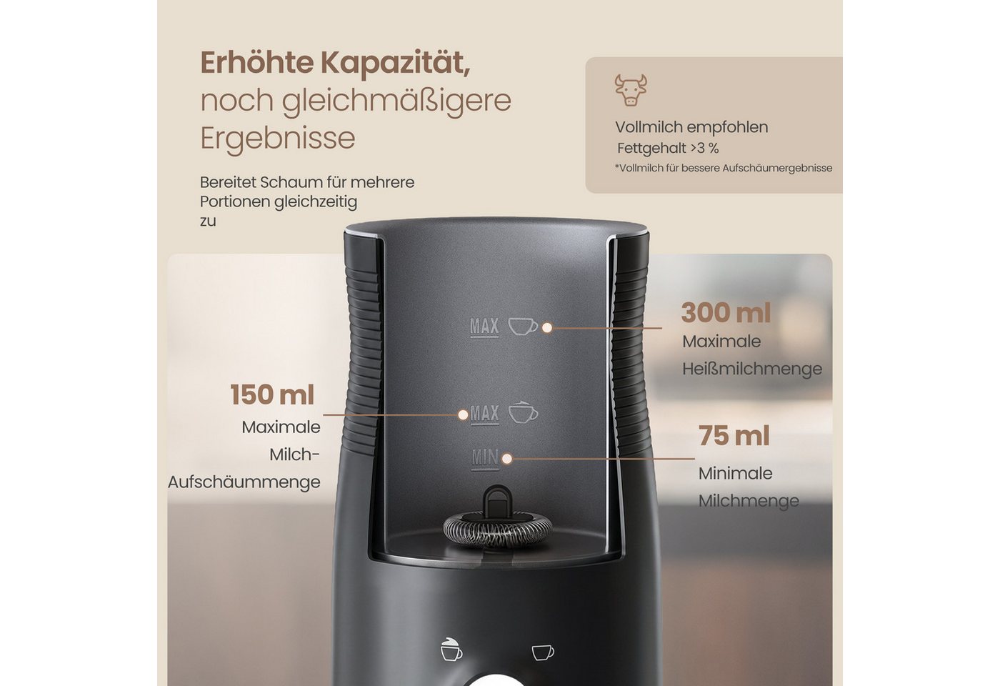 SONGMICS Milchaufschäumer Elektrischer 4-in-1 Automatisch 300 ml, 10,5 x 10,5 x 20,3 cm, schwarz Bild 2