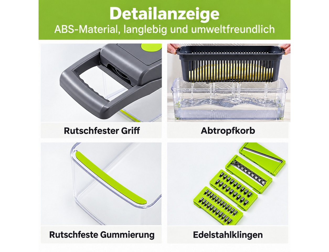 ibettertec Gemüseschneider Gemüsehobel, 16-in-1 Multischneider mit Auffangbehälter, Mandoline, platzsparend, zum effektiven & einfachen Kochen Bild 3
