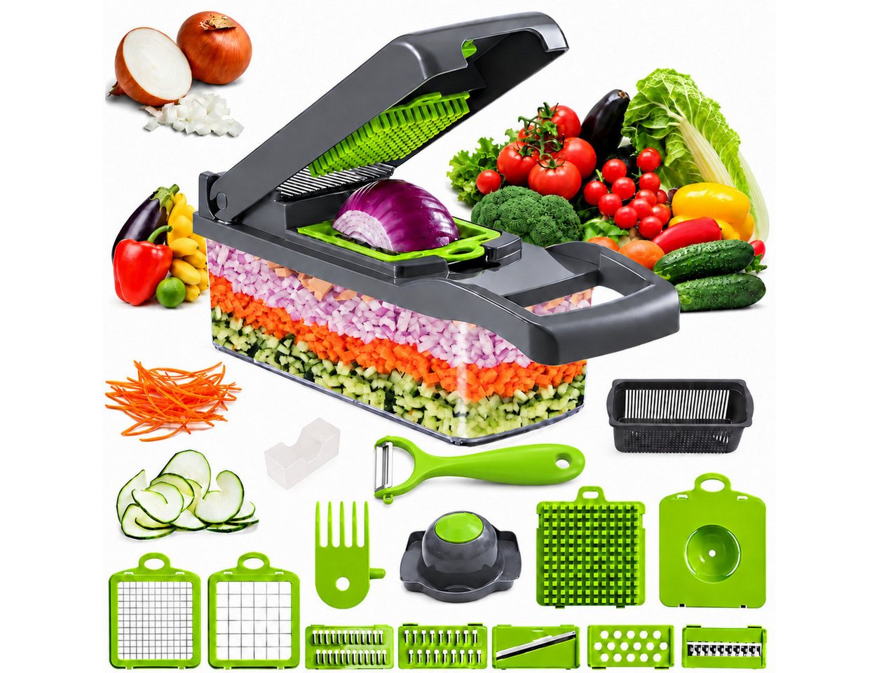 ibettertec Gemüseschneider Gemüsehobel, 16-in-1 Multischneider mit Auffangbehälter, Mandoline, platzsparend, zum effektiven & einfachen Kochen Bild 4