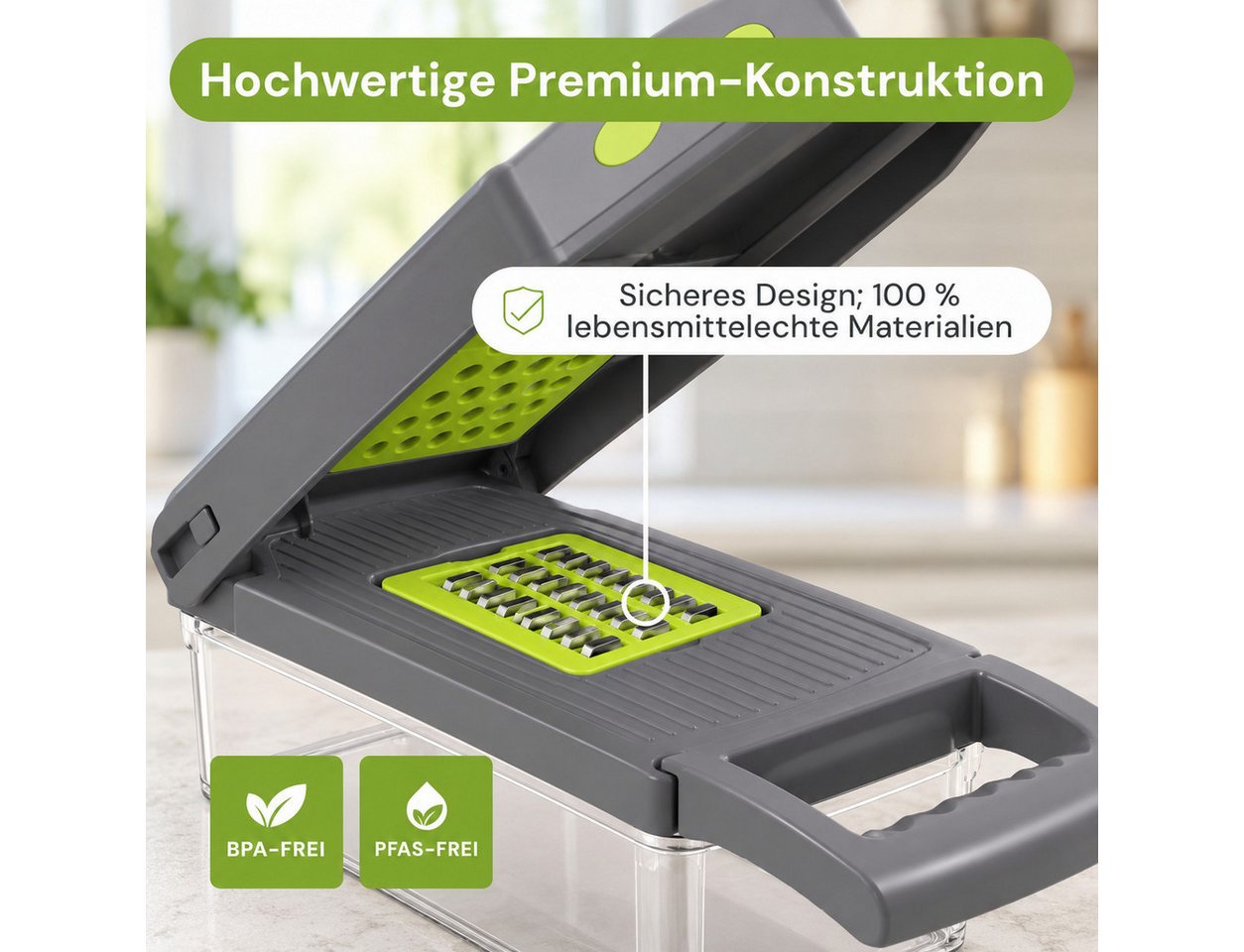 ibettertec Gemüseschneider Gemüsehobel, 16-in-1 Multischneider mit Auffangbehälter, Mandoline, platzsparend, zum effektiven & einfachen Kochen Bild 5
