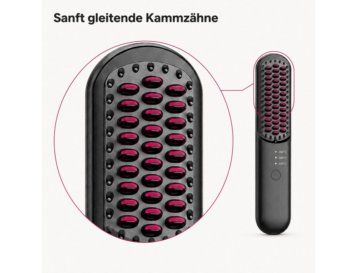 ibettertec Haarbürste Kabellose Haarglättbürste, 3 Stufen (160–200 °C), Ionen-Technik, Warmeburste Warmeschutzbeschichtung aus Keramik zum Schutz vor Verbrennungen, Elektrohaarbürste Kabelloser beheizbarer Haarglättungskamm Bild 3