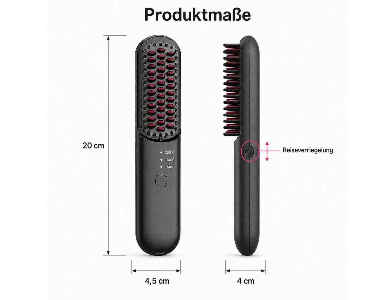 ibettertec Haarbürste Kabellose Haarglättbürste, 3 Stufen (160–200 °C), Ionen-Technik, Warmeburste Warmeschutzbeschichtung aus Keramik zum Schutz vor Verbrennungen, Elektrohaarbürste Kabelloser beheizbarer Haarglättungskamm Bild 4