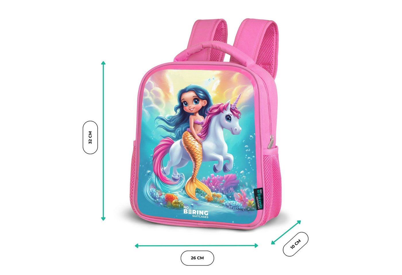 NoBoringSuitcases.com© Rucksack Rosa - Goldschwänzige Meerjungfrau mit weißem Einhorn, Kinderrucksack, Schulrucksack, Freizeitrucksack, Mädchen, Kindergarten Bild 2