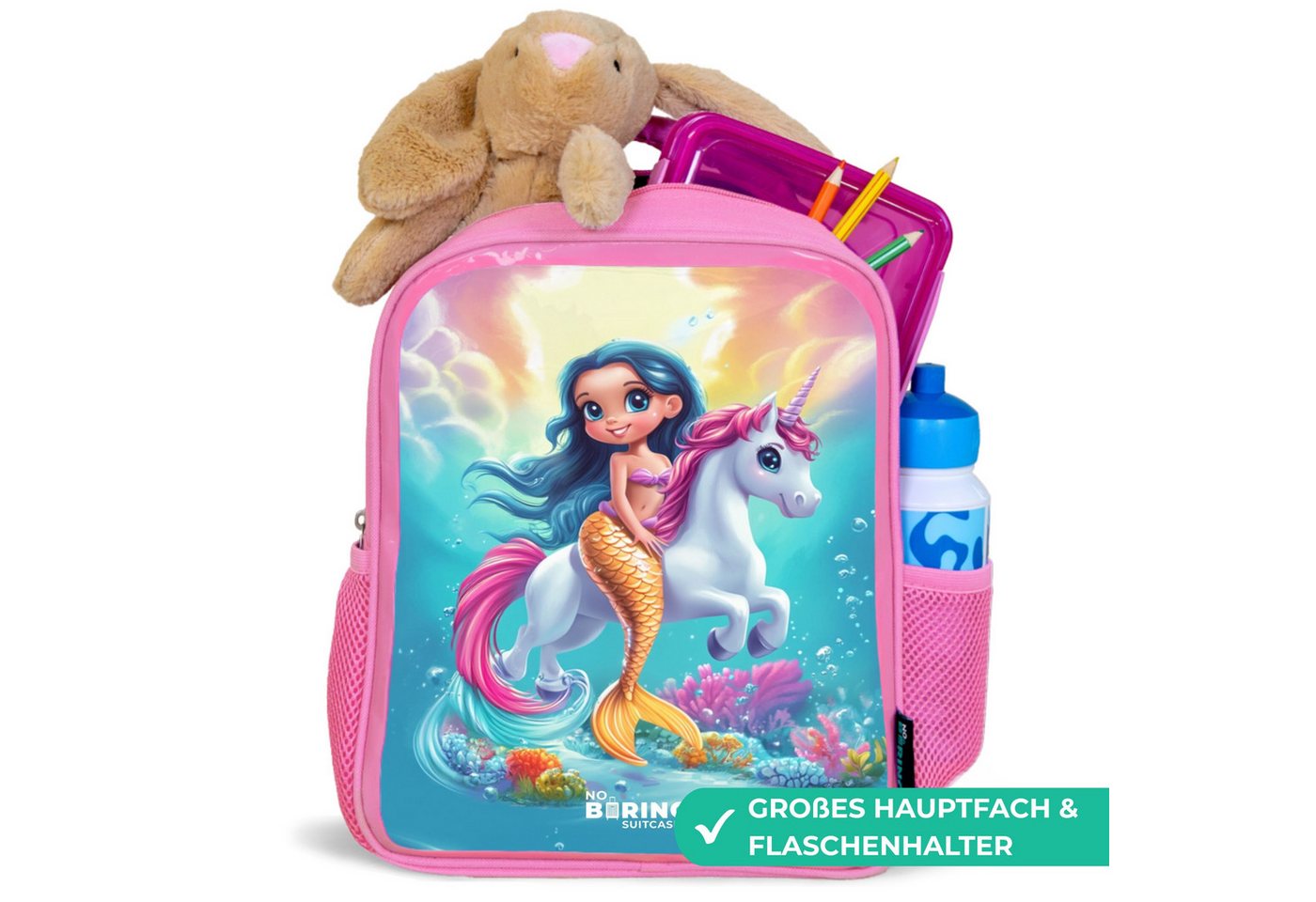 NoBoringSuitcases.com© Rucksack Rosa - Goldschwänzige Meerjungfrau mit weißem Einhorn, Kinderrucksack, Schulrucksack, Freizeitrucksack, Mädchen, Kindergarten Bild 3