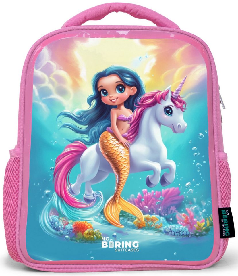 NoBoringSuitcases.com© Rucksack Rosa - Goldschwänzige Meerjungfrau mit weißem Einhorn, Kinderrucksack, Schulrucksack, Freizeitrucksack, Mädchen, Kindergarten Bild 4
