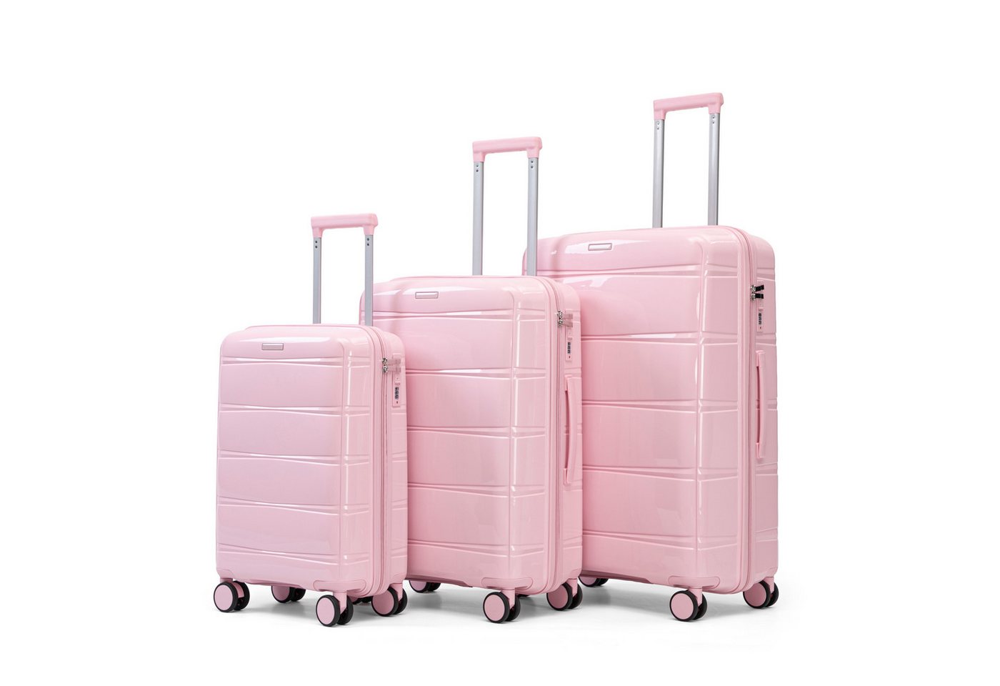 i@home Kofferset 3-teiliges PP-Koffer-Set 20"/24"/28 Zoll, Großraum Reisekoffer Set, 4 Rollen, (3 tlg., 1 Handgepäck, 2 Aufgabegepäck), Spinner-Rollen & Zahlenschloss, Großraum-Reisekoffer-Set, Rosa