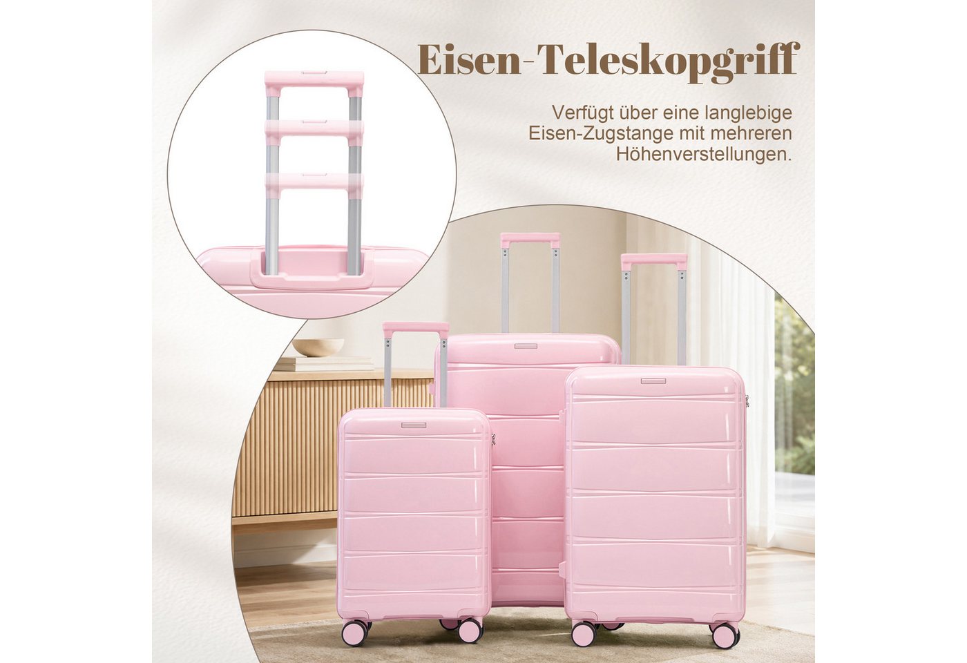i@home Kofferset 3-teiliges PP-Koffer-Set 20"/24"/28 Zoll, Großraum Reisekoffer Set, 4 Rollen, (3 tlg., 1 Handgepäck, 2 Aufgabegepäck), Spinner-Rollen & Zahlenschloss, Großraum-Reisekoffer-Set, Rosa Bild 2