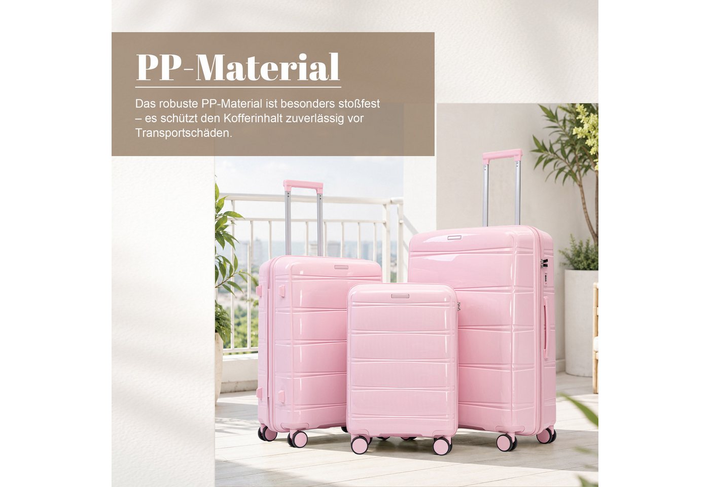 i@home Kofferset 3-teiliges PP-Koffer-Set 20"/24"/28 Zoll, Großraum Reisekoffer Set, 4 Rollen, (3 tlg., 1 Handgepäck, 2 Aufgabegepäck), Spinner-Rollen & Zahlenschloss, Großraum-Reisekoffer-Set, Rosa Bild 4