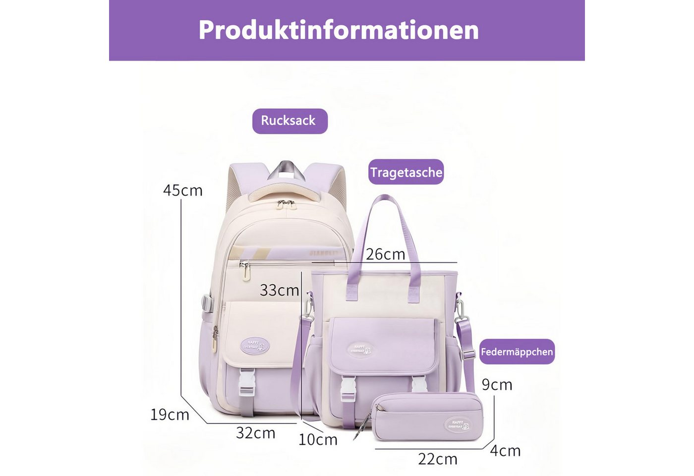 nsihing Schulrucksack Mädchen Rucksack für Teenager, 3-tlg Schultaschen-Set (3-tlg), mit Studenten Umhängetasche, Federmäppchen