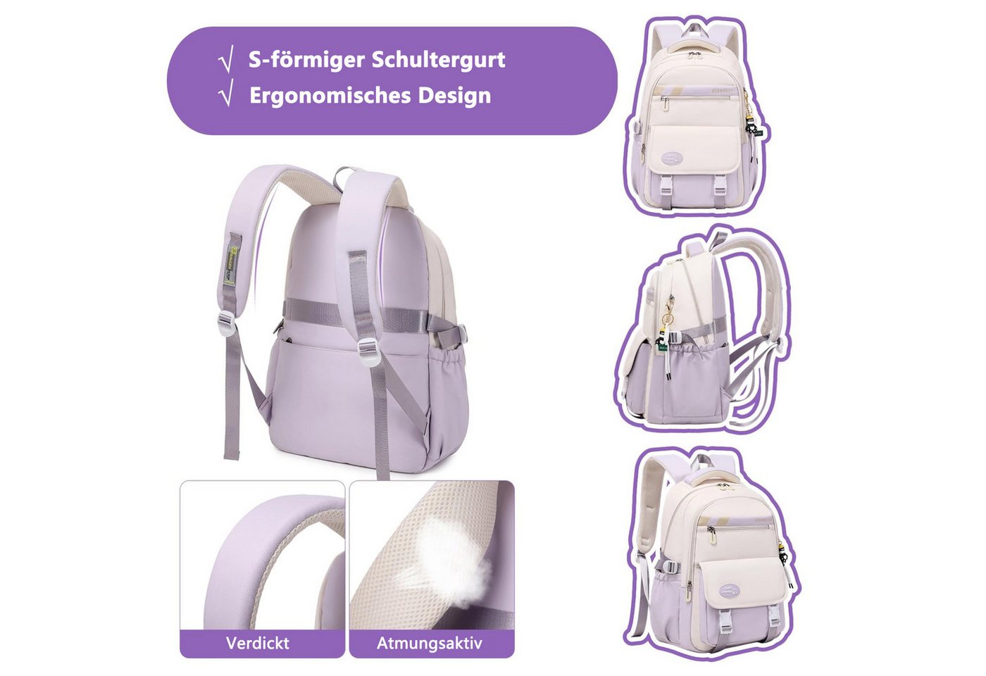 nsihing Schulrucksack Mädchen Rucksack für Teenager, 3-tlg Schultaschen-Set (3-tlg), mit Studenten Umhängetasche, Federmäppchen Bild 3