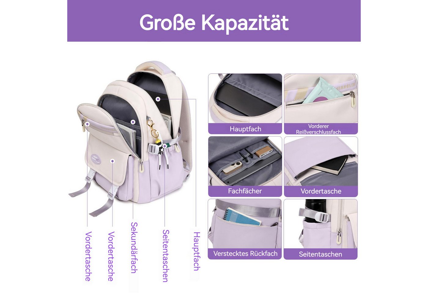 nsihing Schulrucksack Mädchen Rucksack für Teenager, 3-tlg Schultaschen-Set (3-tlg), mit Studenten Umhängetasche, Federmäppchen Bild 5