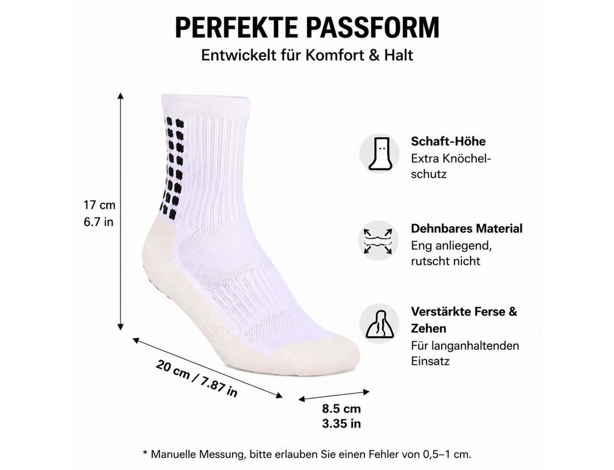 XEOOCE Wandersocken Fußballsocken, Rutschfest, Grip-Sohle, Atmungsaktiv, 1 Paar, Weiß (Packung, Unbekannt) Rutschfest, atmungsaktiv, Kompression, gepolstert
