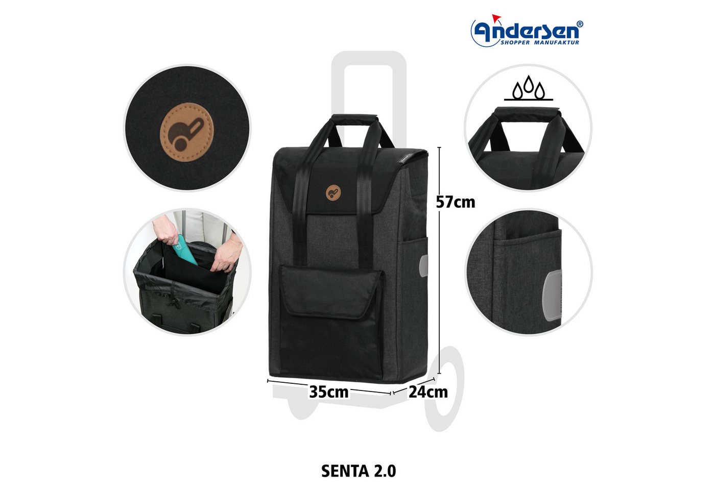 Andersen Einkaufstrolley Treppenst. Royal Sh. Senta 2.0 schwarz, klappbare Ladefläche, belastbar bis 50kg, wasserabweisend Bild 4