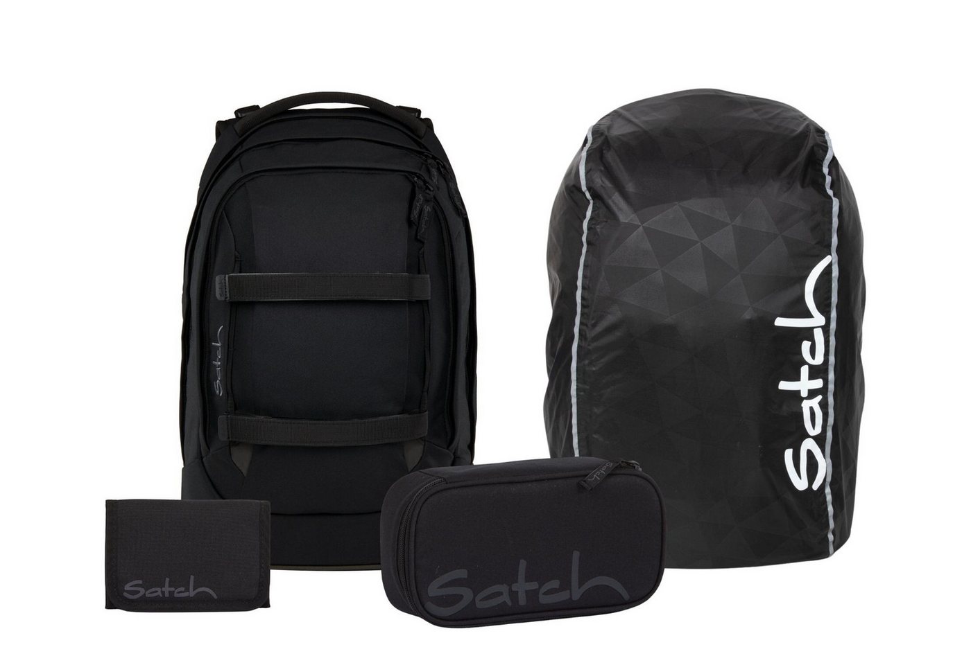 Satch Schulranzen Schulrucksack-Set PACK Blackjack 4-teilig (4-teilig), ergonomisch, Your-Size-System: auf Körpergröße anpassbar