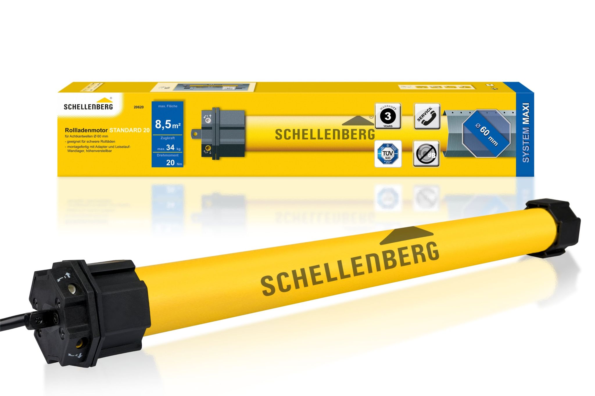Schellenberg 20620 Rolladenmotor Maxi Standard 20 Nm, Rohrmotor Für 60 Mm Welle, Bis 8,5 M² Rollladenfläche, Set Inkl. Wandlager
