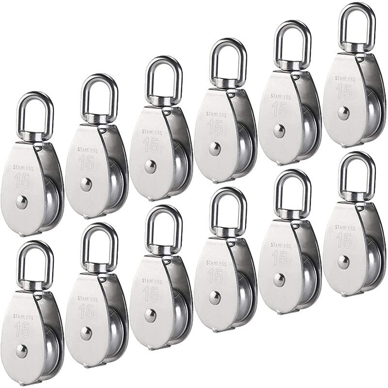 Fenoplastica 12 Stück M15 Einzelrolle Aus Edelstahl 304, 15 Mm Einzelrollenblock, Drehbarer Kranhaken, Glattes Drahtseil, Tragfähigkeit 77 Lbs/35 Kg