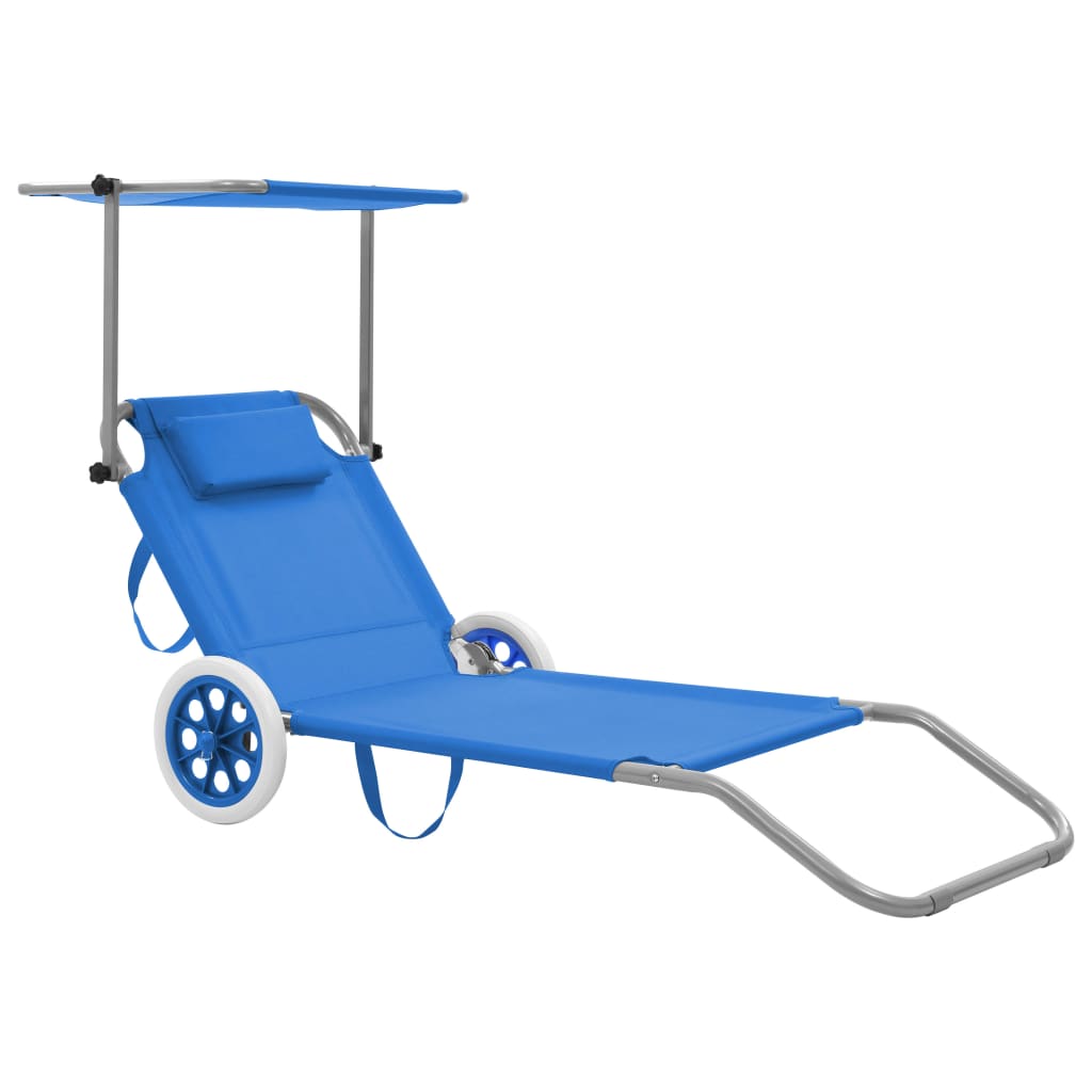 Vidaxl Folding Sun Lounger With Canopy And Wheels Steel Blue