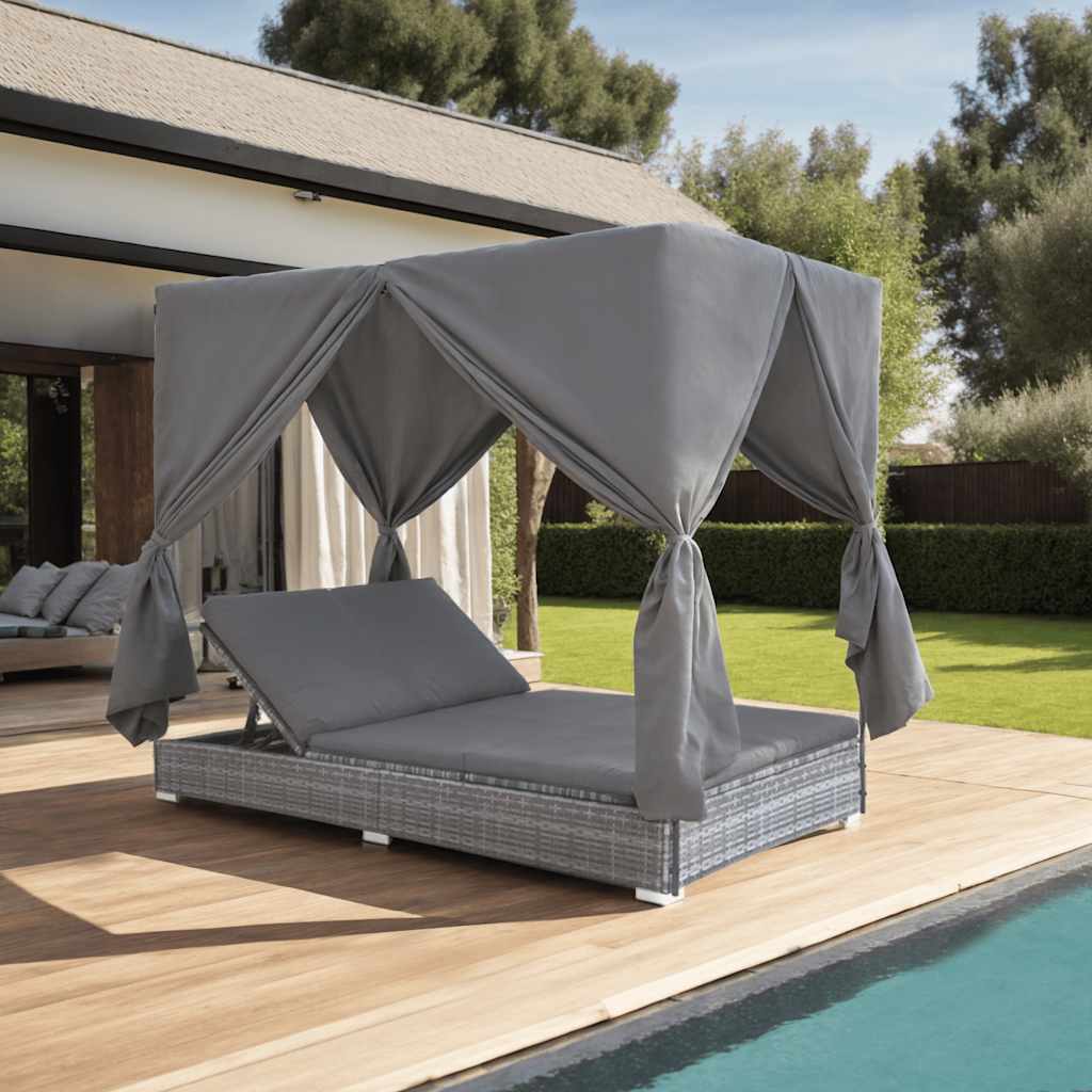 Vidaxl - Outdoor-lounge-bett Mit Vorhängen Poly Rattan Grau