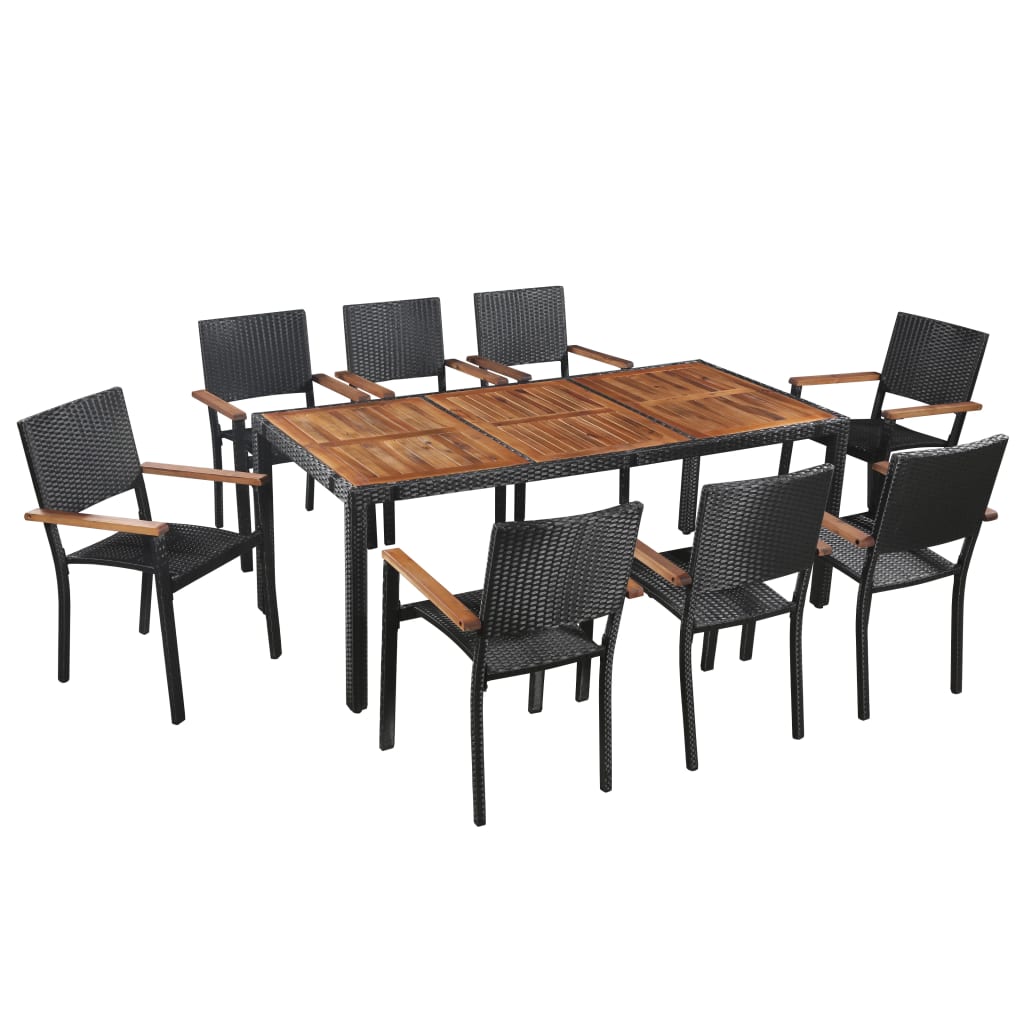 9-tlg. Garten-essgruppe Poly Rattan Akazie Massivholz Schwarz - Vidaxl