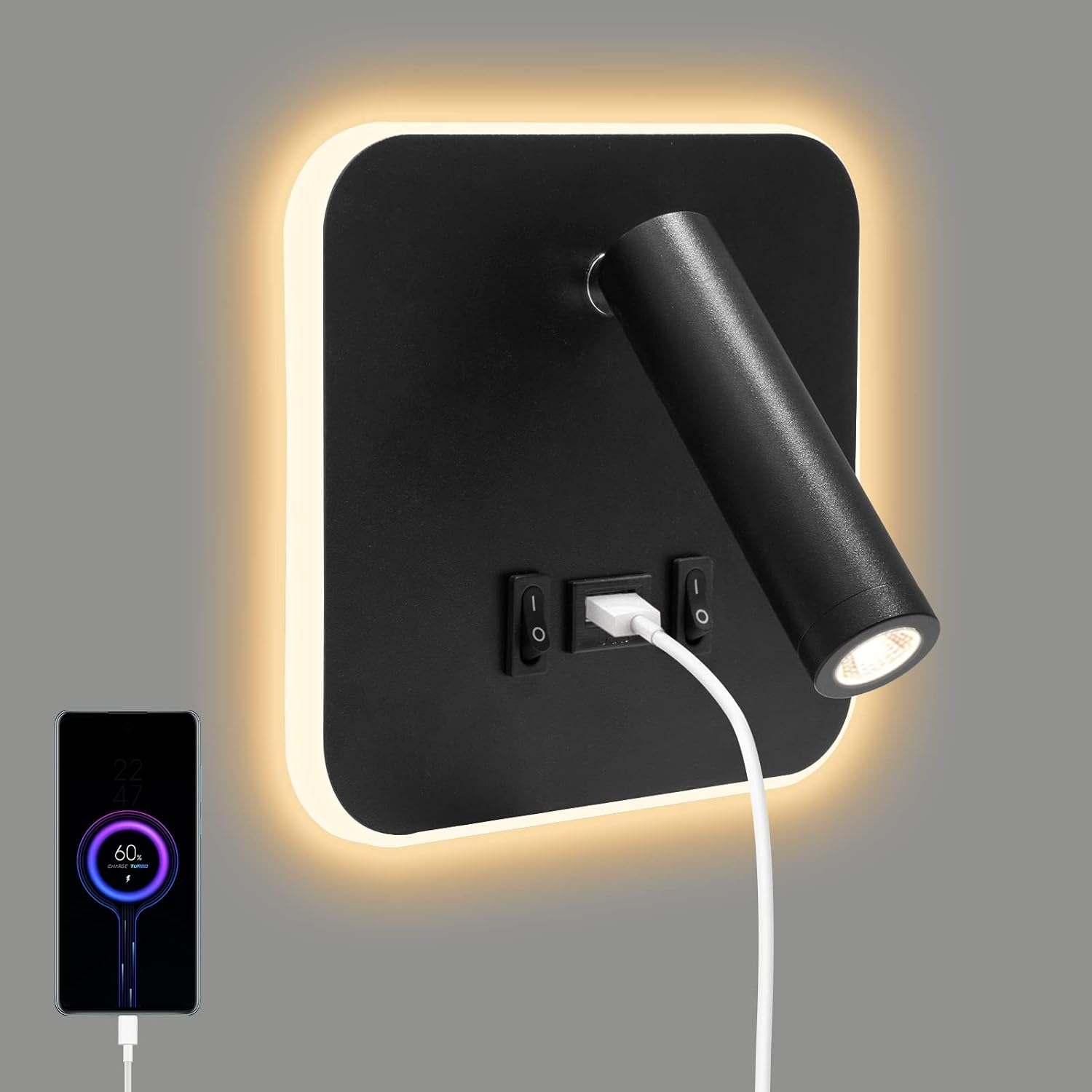 Lampe De Chevet, 1 Pièce, Applique Murale Led 3w + 10w 3000k, Avec Port De Chargement Usb, Convient À Une Utilisation Dans La Chambre.