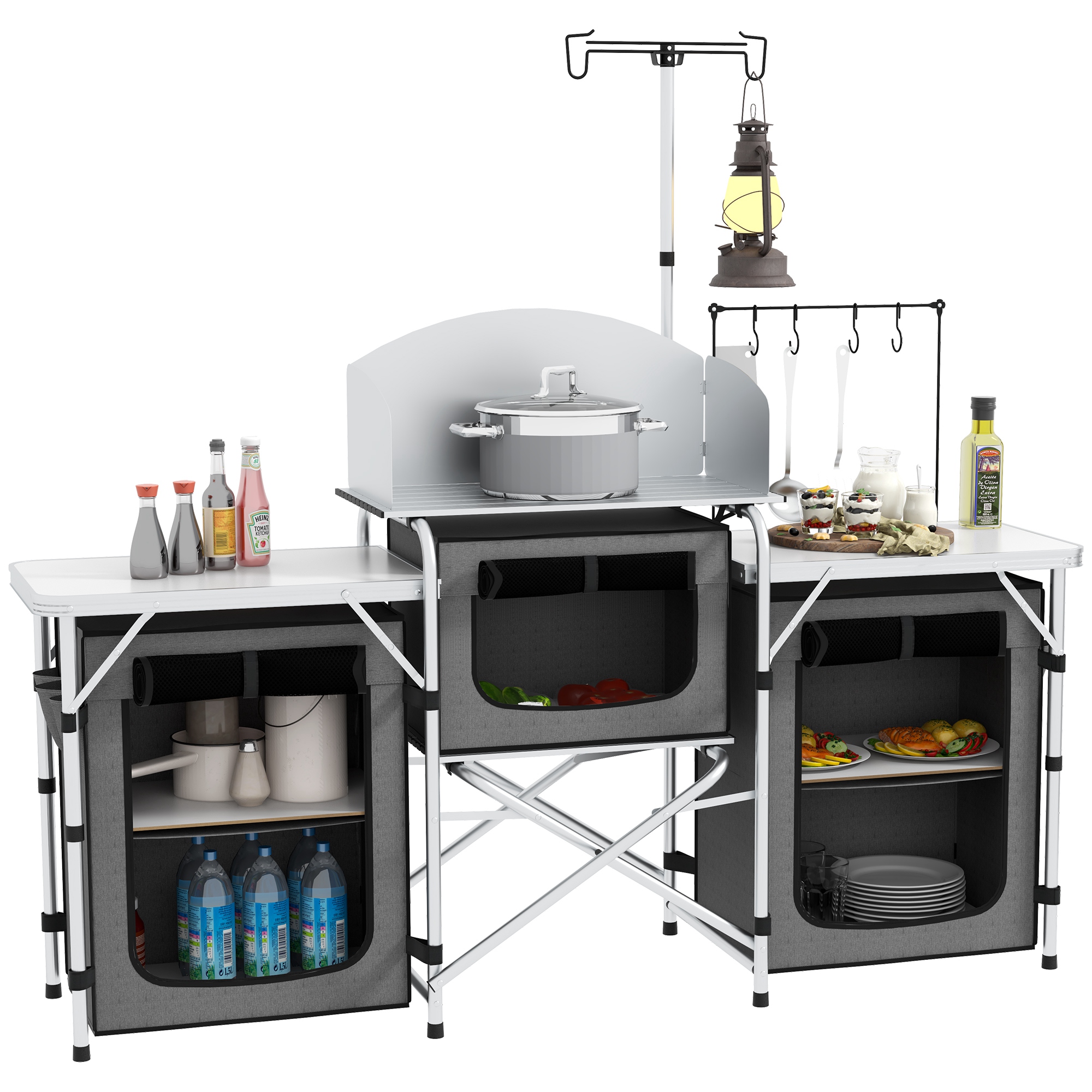 Campingküche, Klappbar, Windschutz, 3 Stofffächer, Aluminiumrahmen, 172x48x130cm, Grau/silber