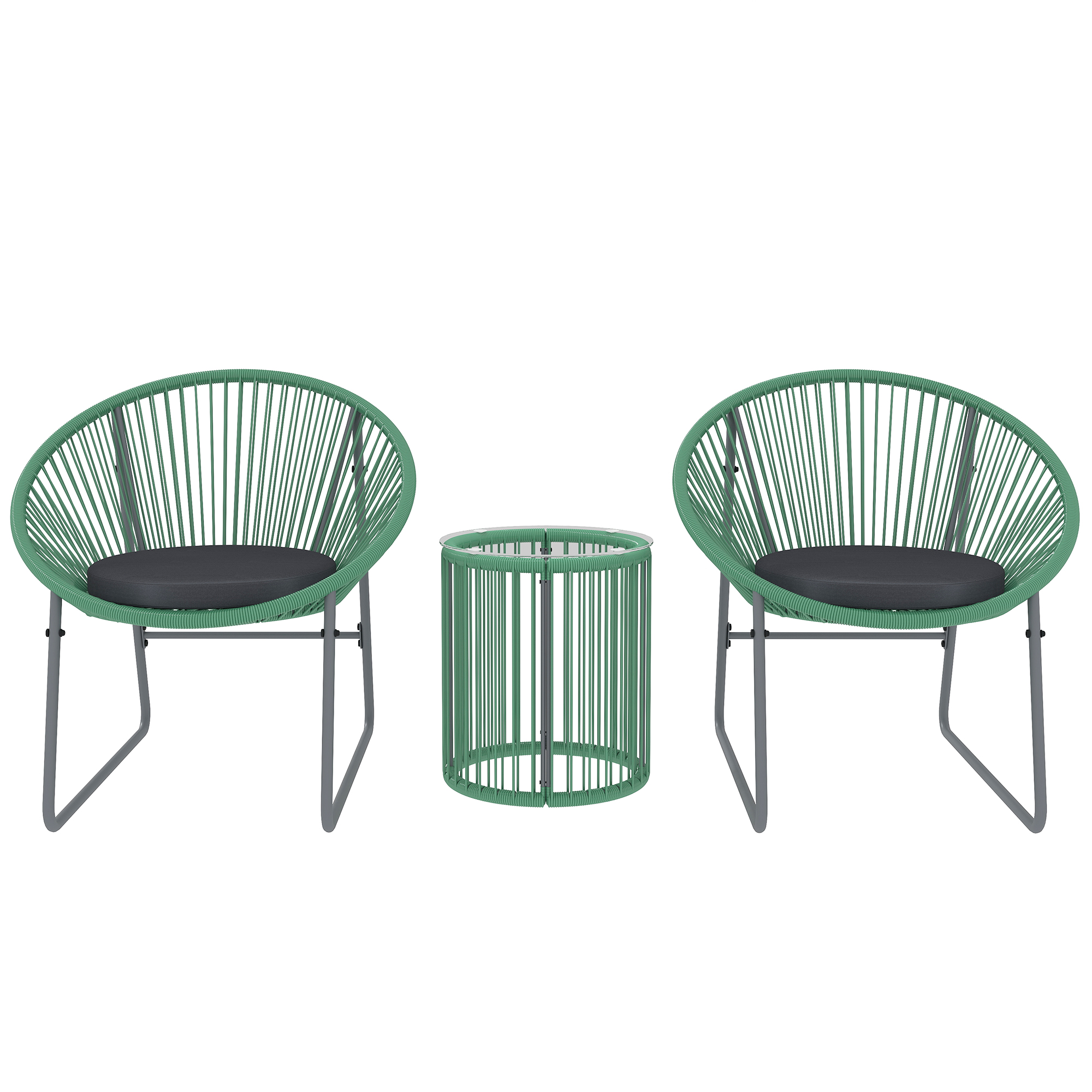 3-teiliges Outdoor-möbelset, 1 Tisch, 2 Stühle, Glastischplatte, Kunststoff-rattan Um Stahlrahmen, Weiche Kissen, Grün