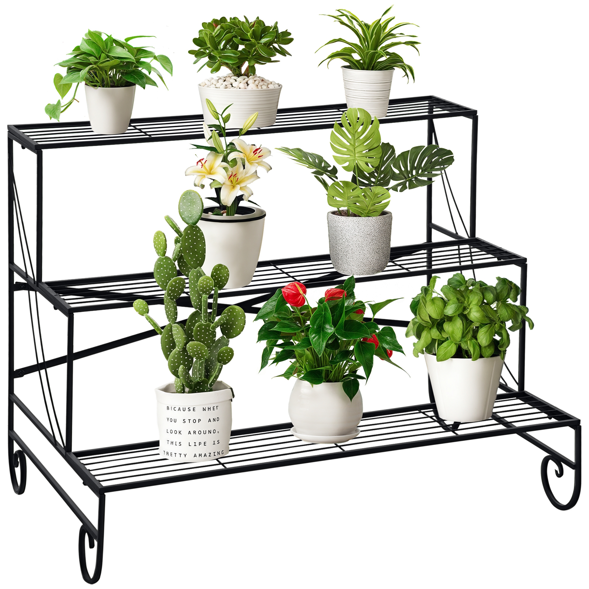 Blumenständer Blumenregal Aus Metall 3 Stufen Pflanzenregal Blumentreppe Für Innen Und Außen Garten Balkon Schwarz 95 X 63 X 72 Cm
