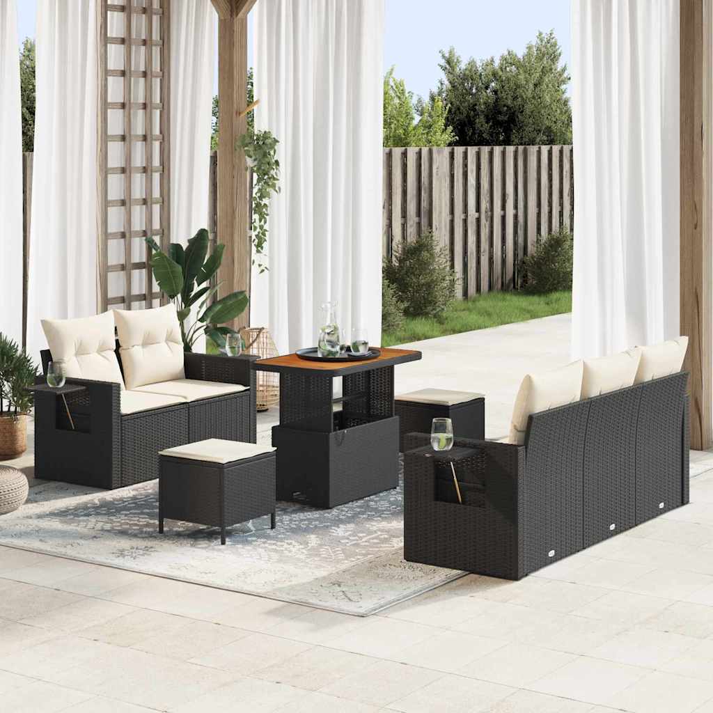 Gartensofa-set Mit Kissen 10 Pcs Schwarz Und Creme Poly-rattan Vidaxl