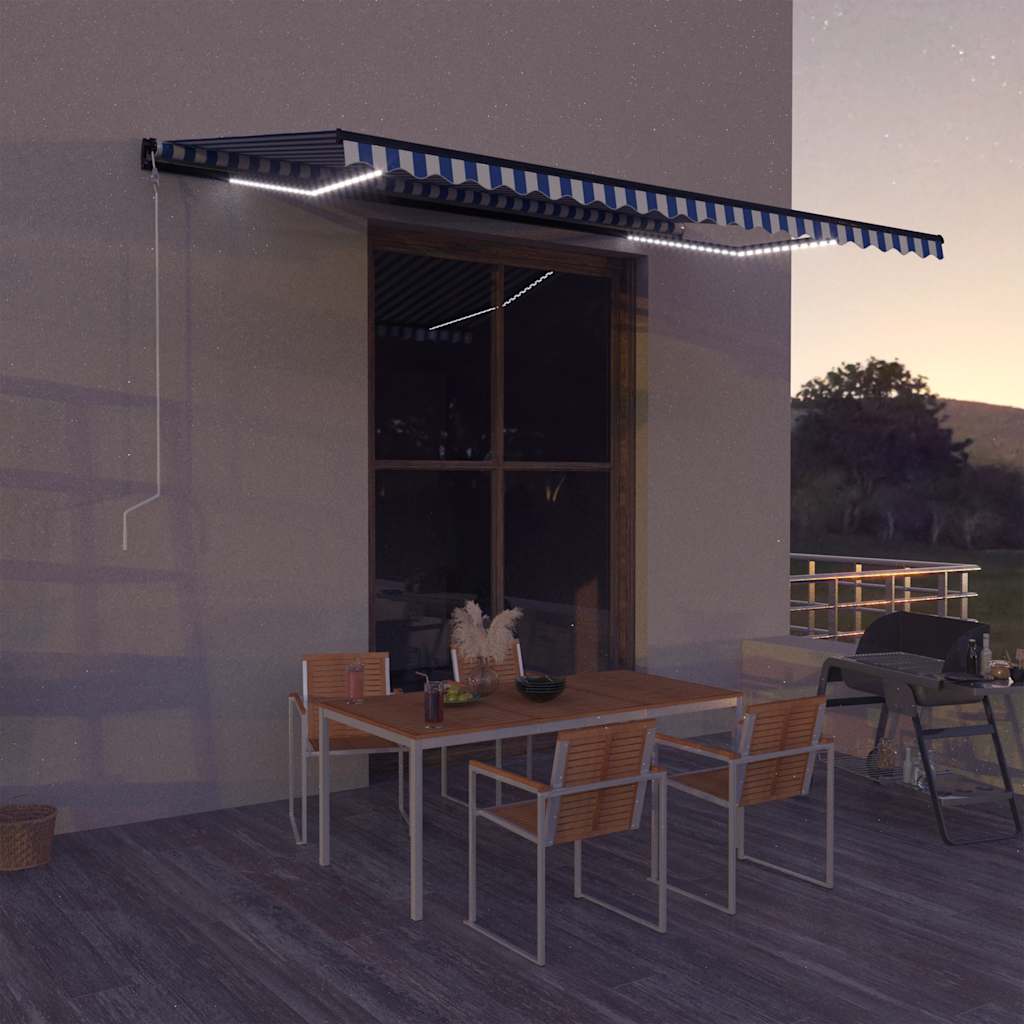 Markise Mit Windsensor & Led 500x300cm Blau Und Weiß Vidaxl