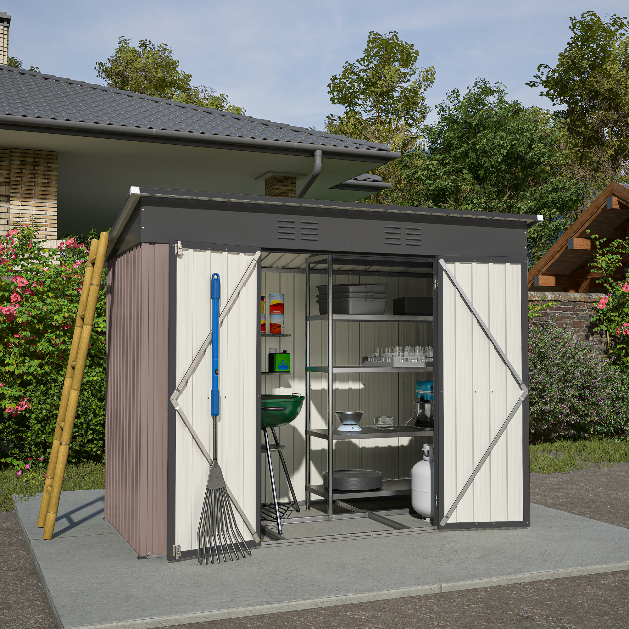 Metall-gartenhaus 8x4 Ft Braun Mit Metallfundament, Wetterbeständig, Ohne Boden, Geräteschuppen Linhoo