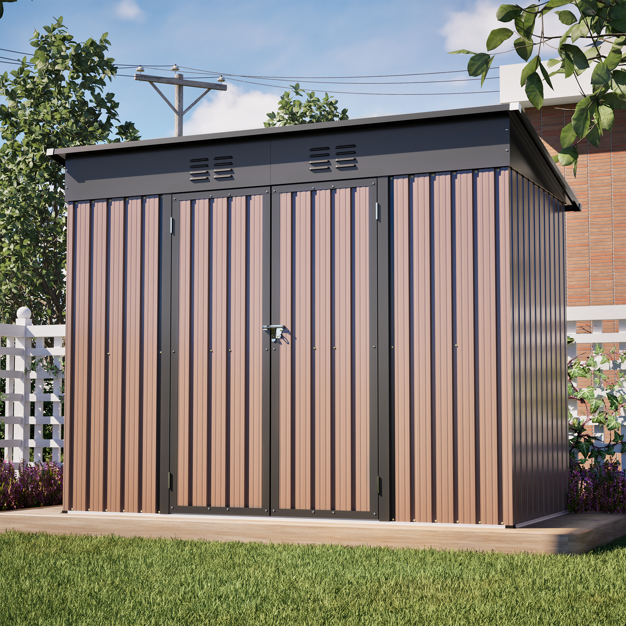 Metall-gartenhaus 2,4x1,2 M Braun, Geneigtes Dach, Belüftung, Abschließbare Tür, Ohne Boden Linhoo