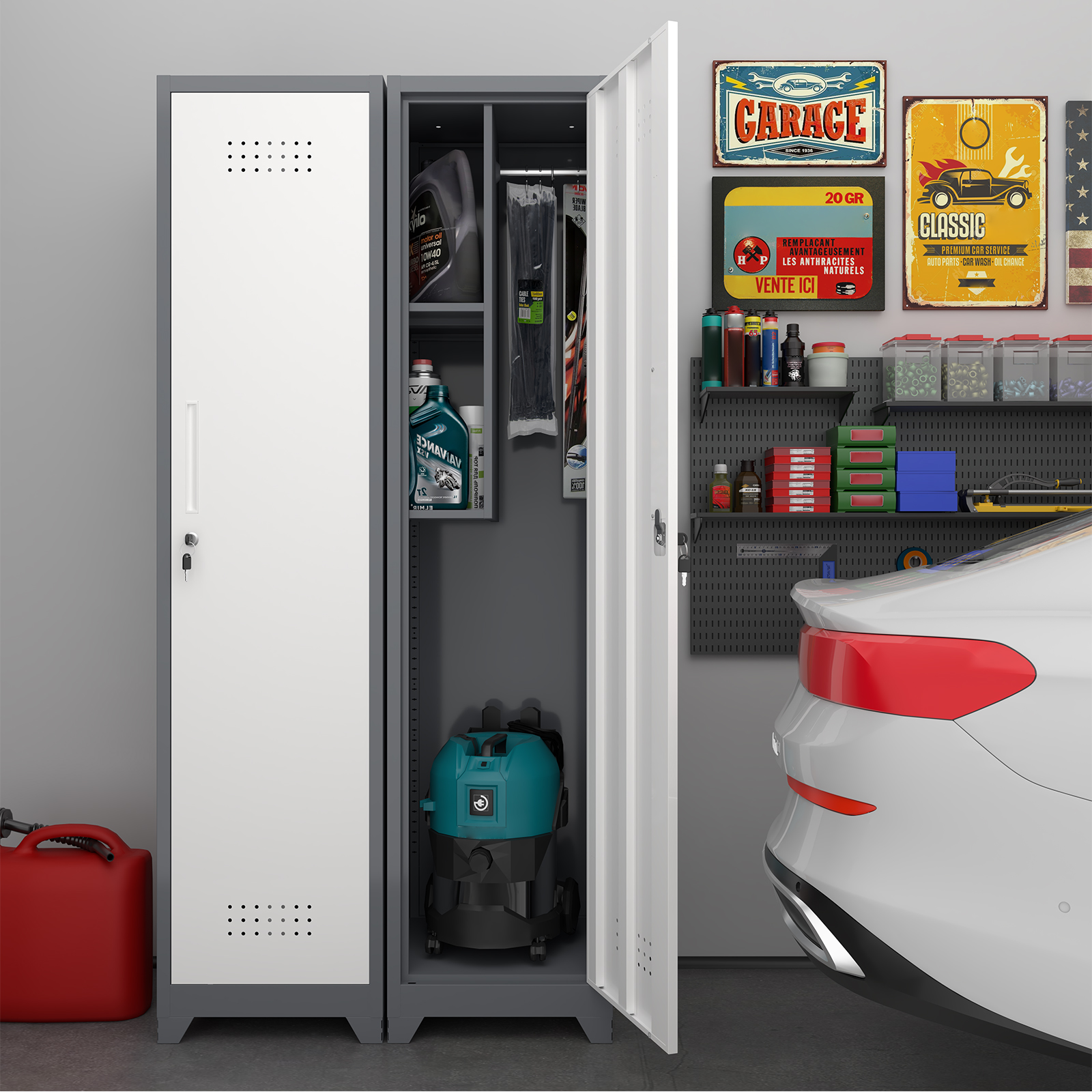Grauer Metall-besenschrank 165 Cm Mit Schloss, Schmal 40×40 Cm, Ablagen, Kleiderstange Und Belüftung, Putzschrank Linhoo