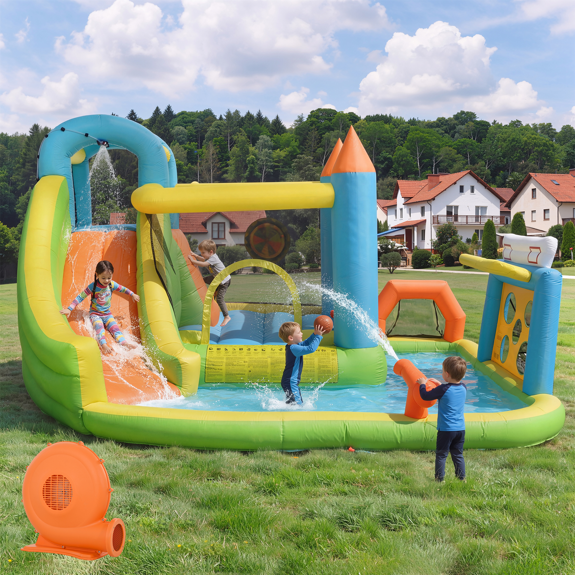 Hüpfburg Für Kinder 360x320x200 Cm – Rutsche, Wasserbecken, Basketballkorb & Fußballnetz