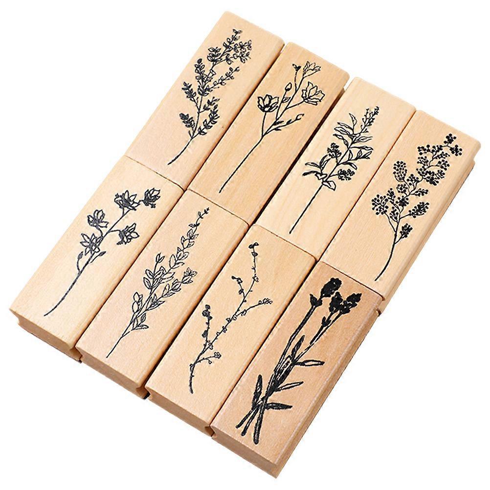 8-teiliges Set Holzstempel Für Scrapbooking, Blumen- Und Pflanzenmotive, Diy-holzstempel, Kleine Journaling-stempel-6.5x2.5cm-khaki