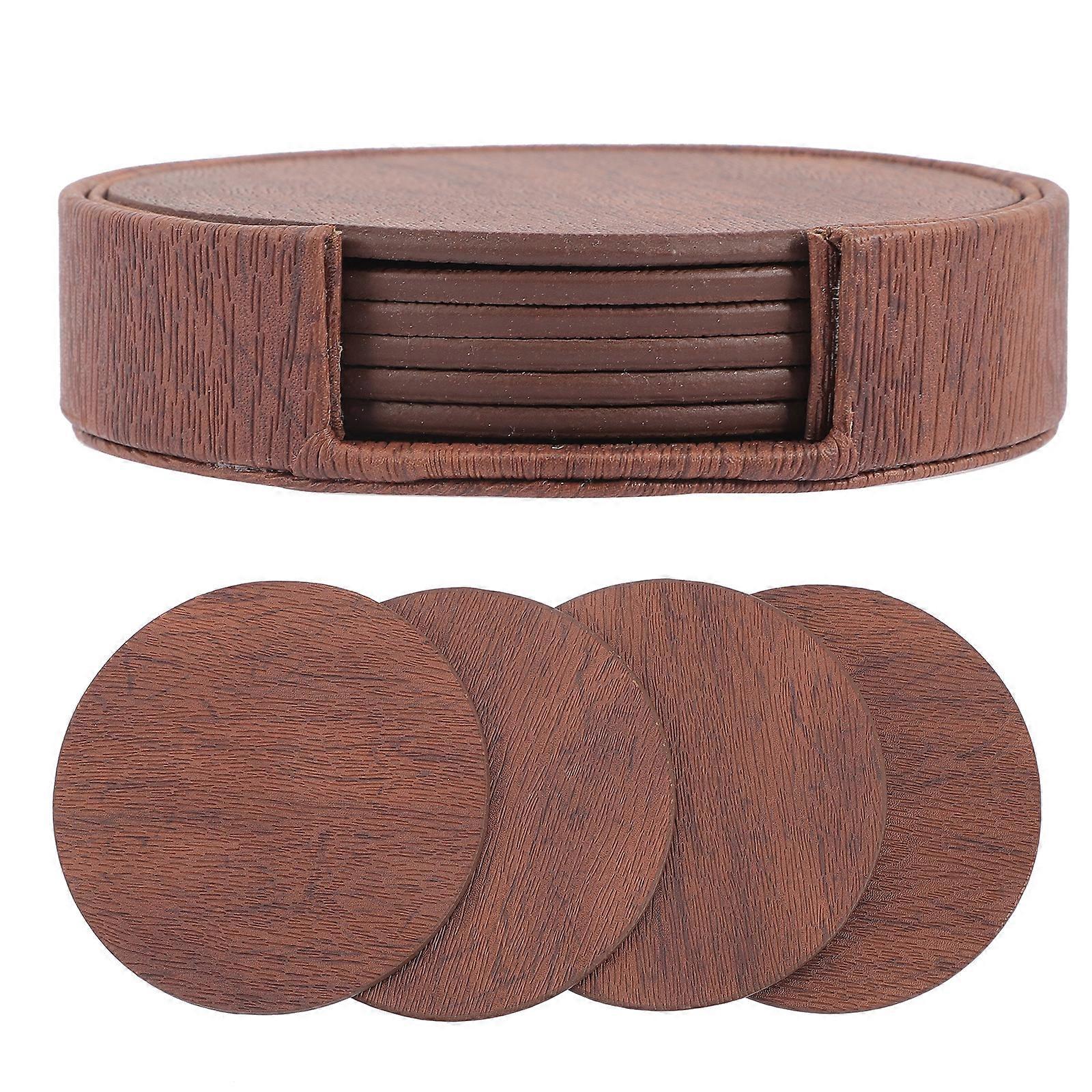 1 Set Leder-untersetzer Mit Halter, Holzmaserung, Runder Untersetzer-11x11cm-light Brown