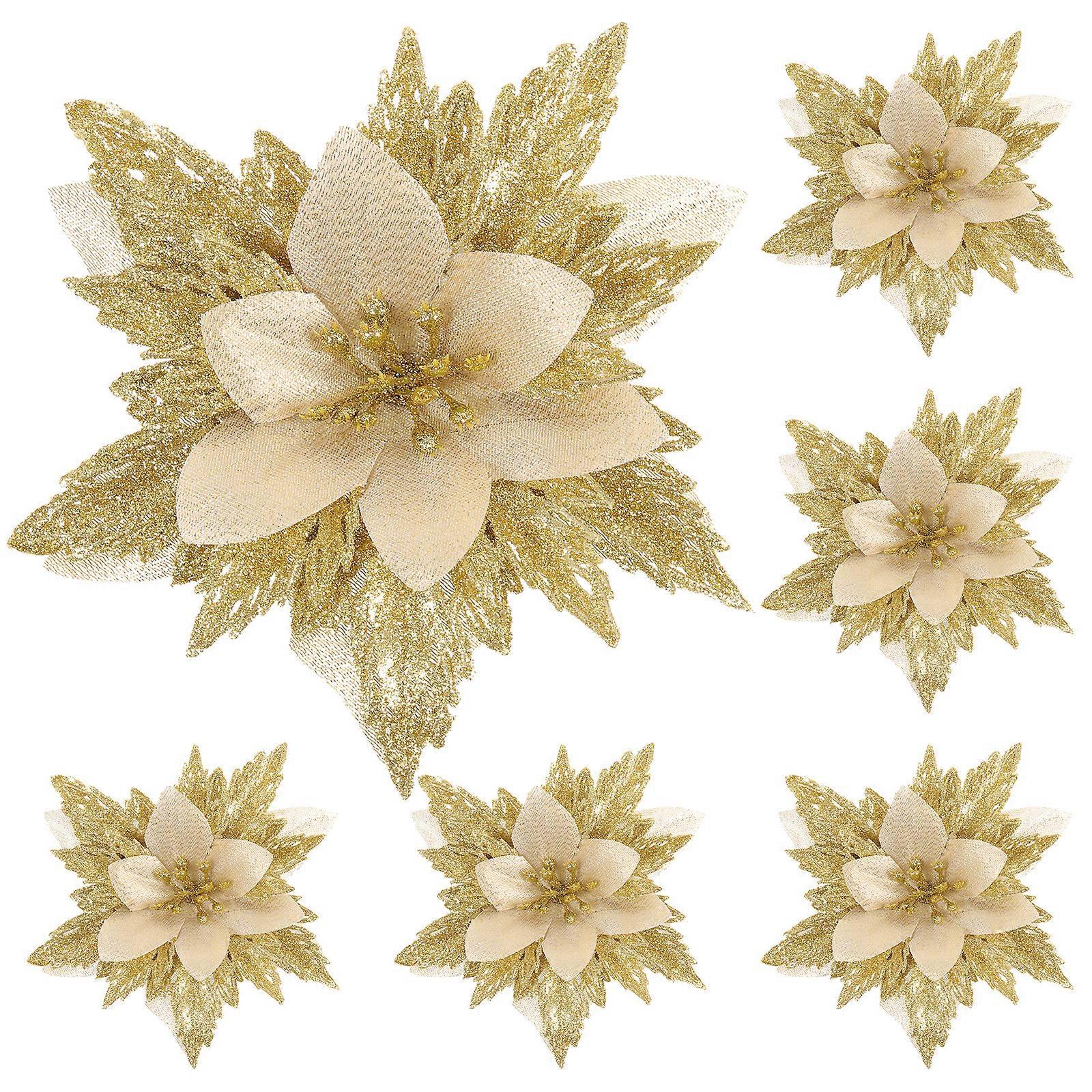 6-teiliges Set Glitzerblumen-weihnachtsbaumschmuck, Blumendekorationen Für Weihnachten, Hochzeiten, Kränze, Diy-blumen-15cm-golden